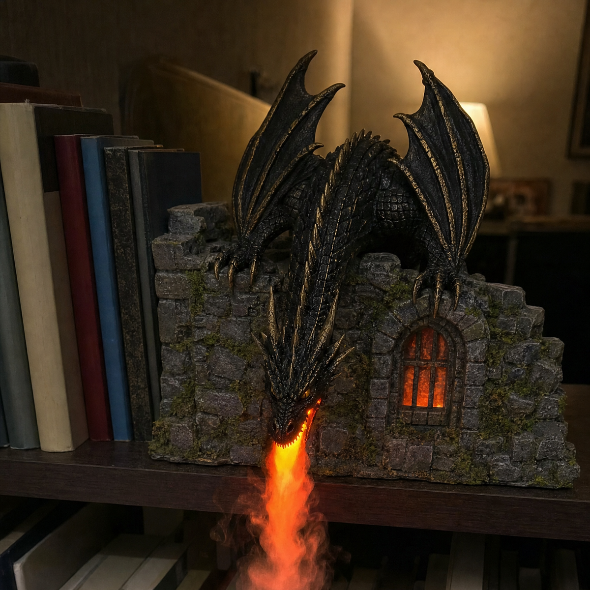 MistWyrm dragon on a ruined castle wall breathing glowing mist over a bookshelf