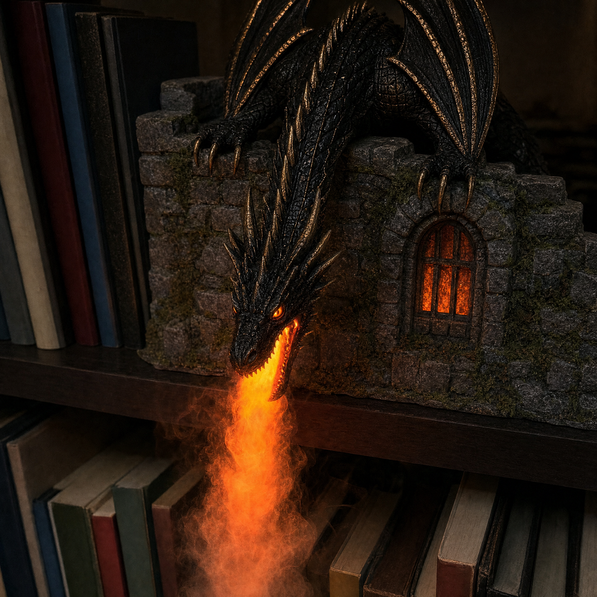 Close-up of the dragon breathing glowing orange mist over a bookshelf