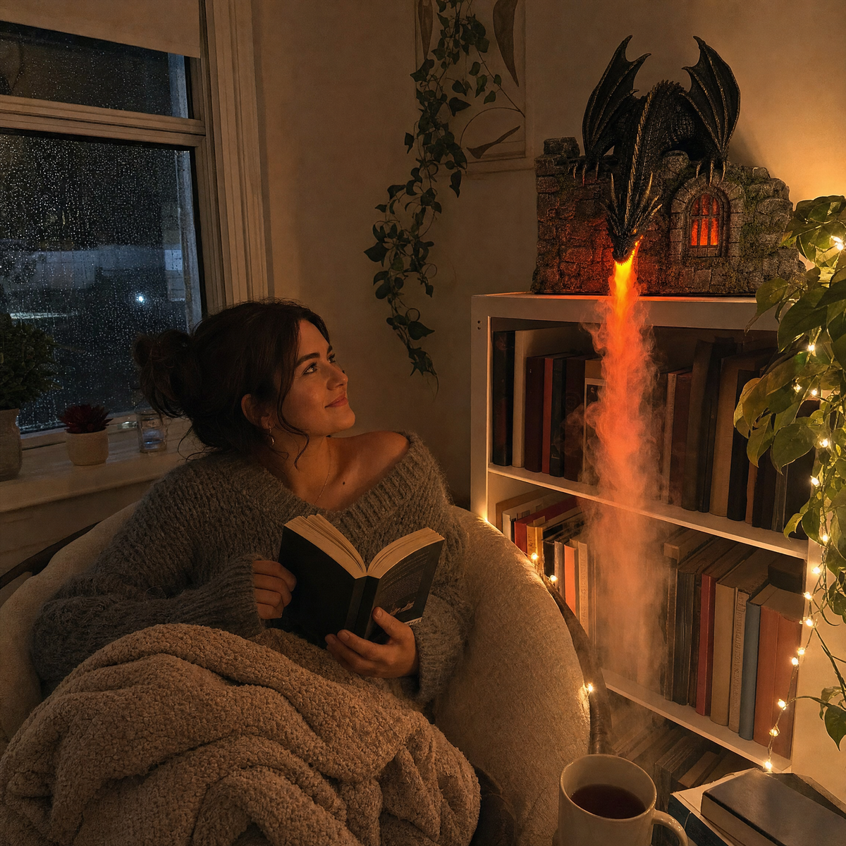 Reader in a cozy chair looking up at MistWyrm on her bookshelf